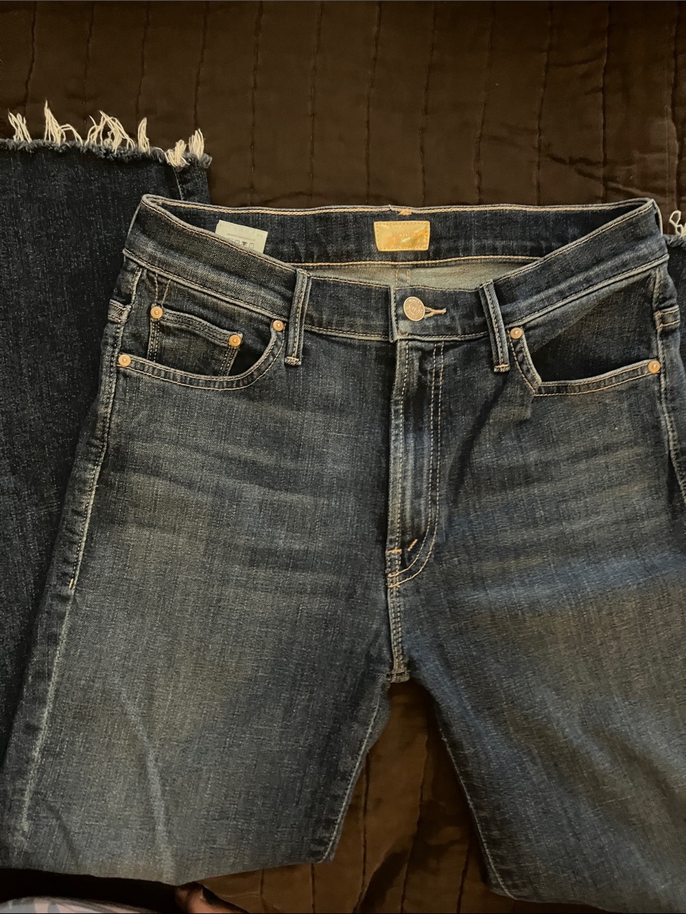 MOTHER Straight-Leg Jeans in Dark Blue with Frayed Hem - Picture 3 of 5